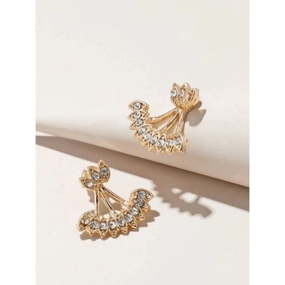 GOLD DIAMOND EAR CRAWLER JACKET HUGGER STUD EARRINGS - Picture 2 of 3